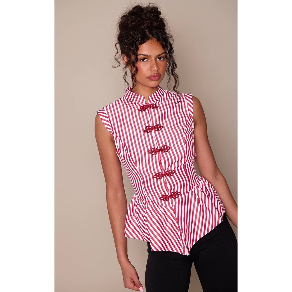PrettyLittleThing Red White Striped Frog Button Peplum Top